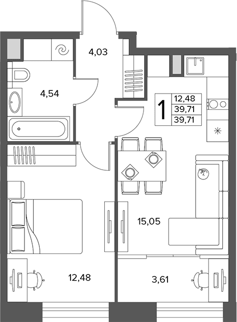 Планировка: 1-комнатная квартира 39,7 м² в ЖК «Городской бор»