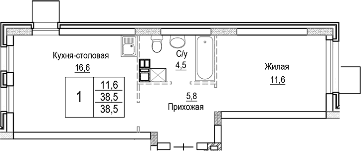 Планировка: Евродвушка 38,5 м² в ЖК «Лесная Отрада»