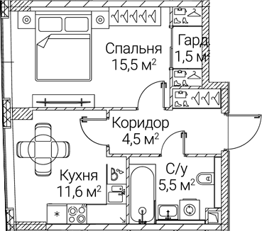 Планировка: 1-комнатная квартира 38,6 м² в ЖК «СЕЗАР БУДУЩЕЕ»