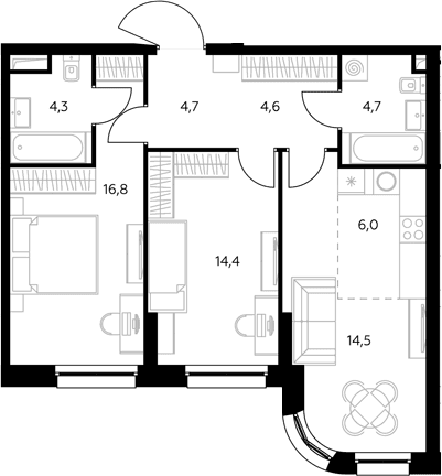 Планировка: Евротрёшка 71,1 м² в ЖК «Адмирал»