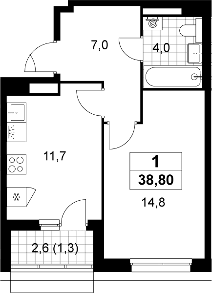 Планировка: 1-комнатная квартира 37,5 м² в ЖК «Деснаречье»