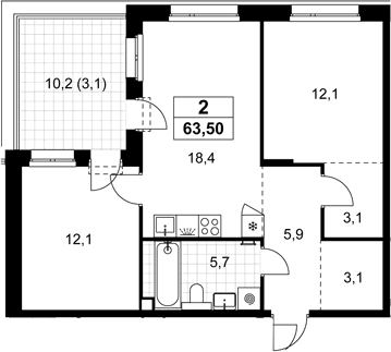 Планировка: Евротрёшка 60,4 м² в ЖК «Хольм»