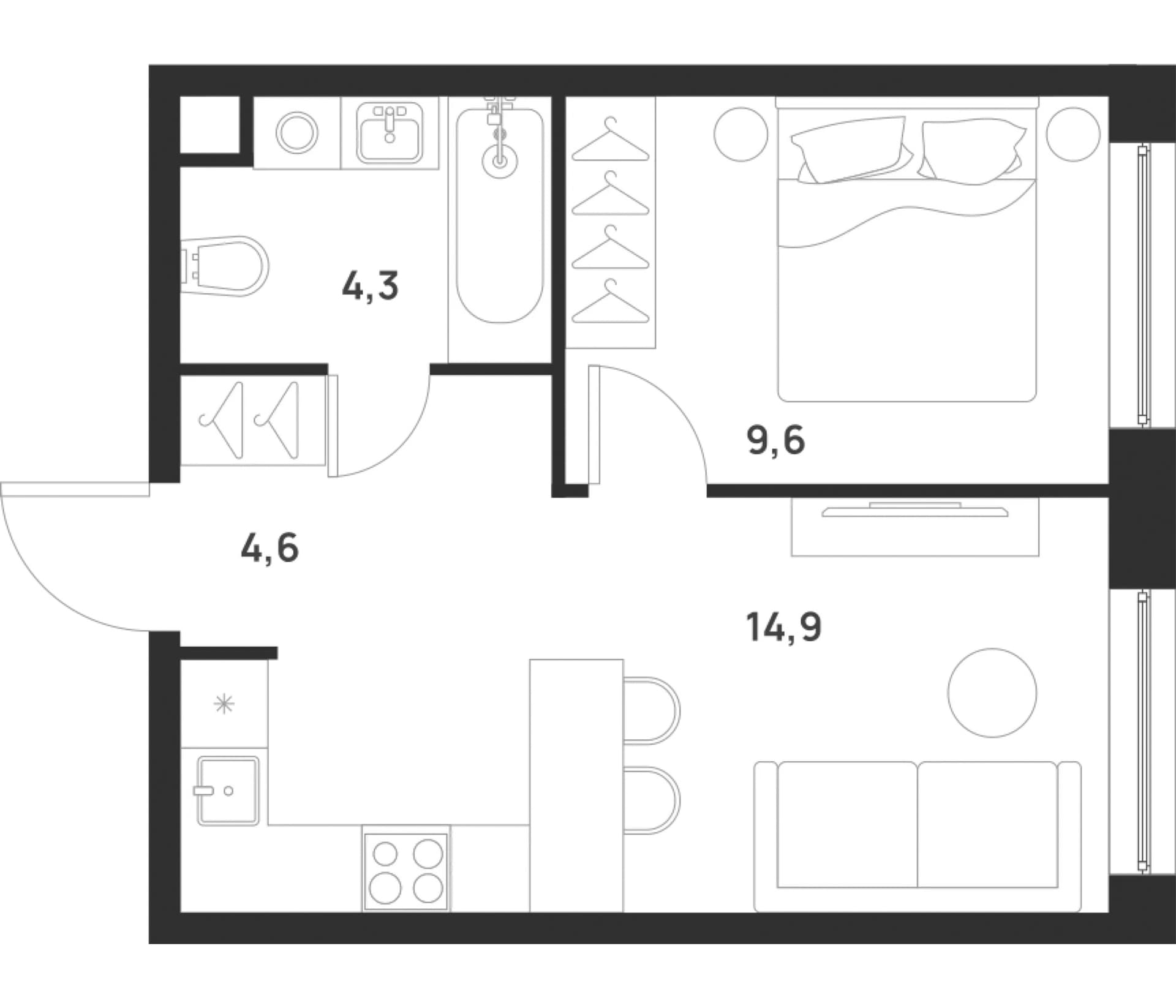 Планировка: 1-комнатная квартира 33,4 м² в ЖК «Форевиль»