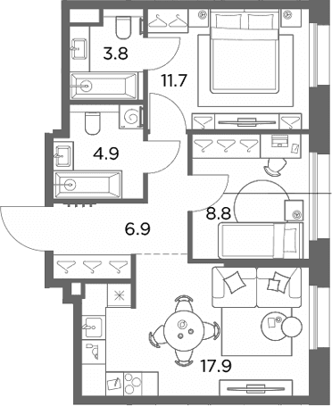 Планировка: 2-комнатная квартира 54 м² в ЖК «Станиславский»