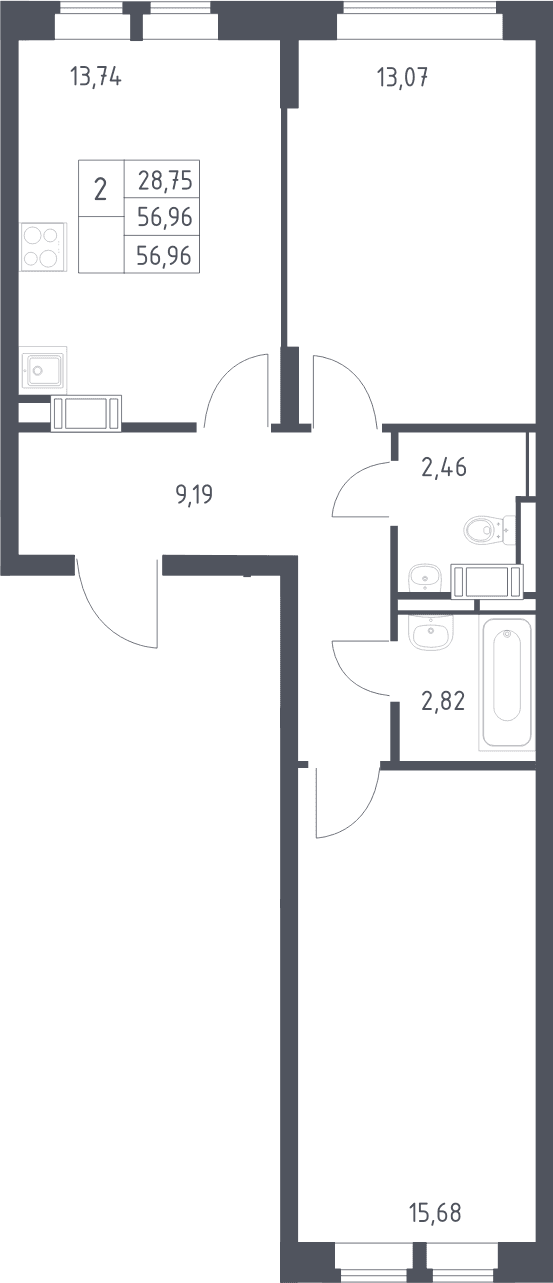 Планировка: 2-комнатная квартира 57 м² в ЖК «Большое Путилково»