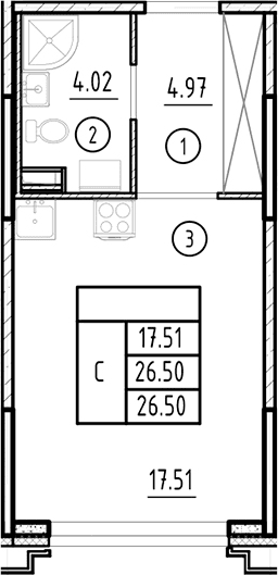Планировка: Студия 26,5 м² в ЖК «Ассамблея»
