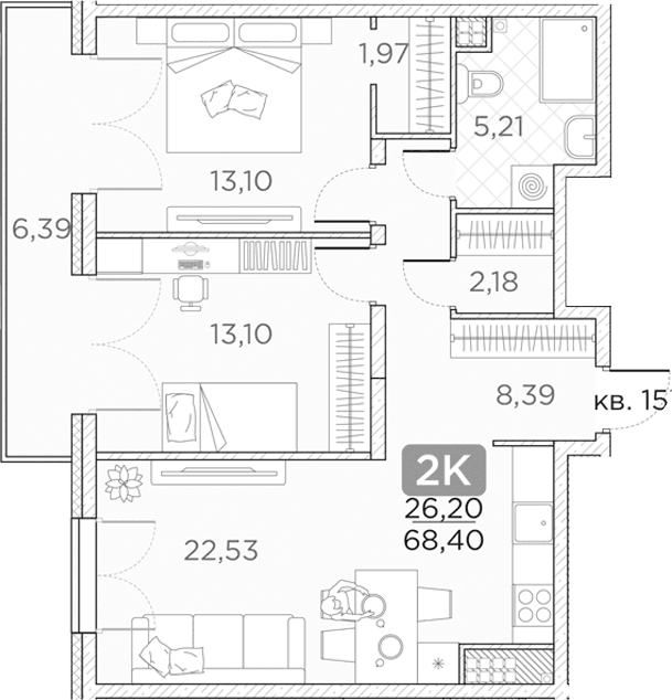 Планировка: Евротрёшка 66,5 м² в ЖК «Гильдия»
