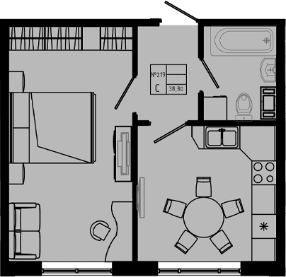 Планировка: 1-комнатная квартира 38,8 м² в ЖК «PIXEL»