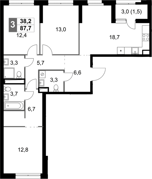Планировка: Квартира евро-4 86,2 м² в ЖК «Скай Гарден»