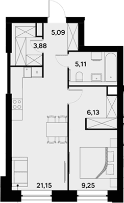 Планировка: Евродвушка 50,6 м² в ЖК «УЛЬТИМА Сити»
