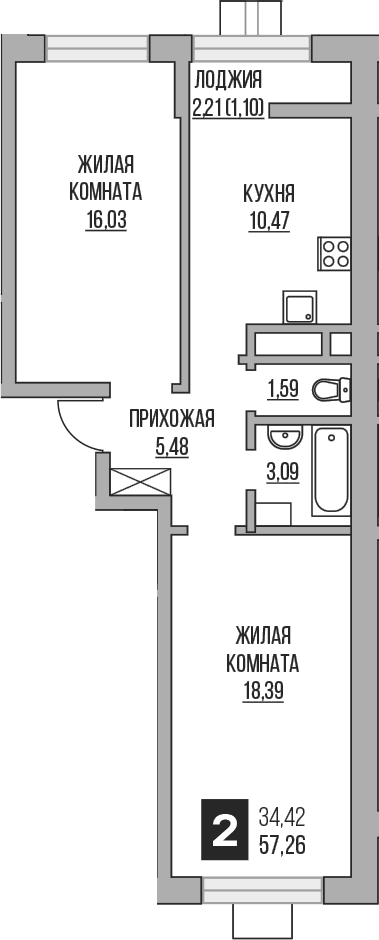 Планировка: 2-комнатная квартира 55,1 м² в ЖК «Гранель Пехра»