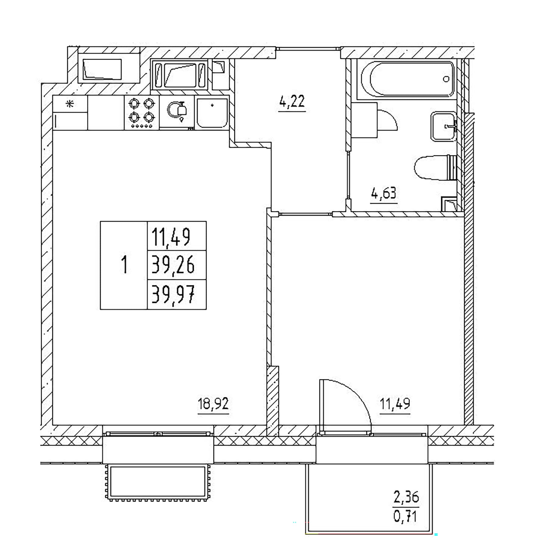 Планировка: Евродвушка 39,3 м² в ЖК «Респект»