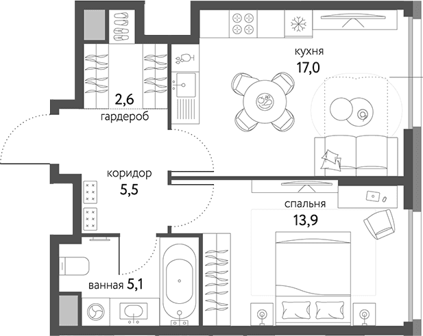 Планировка: 1-комнатная квартира 44,1 м² в ЖК «Сиреневый парк»
