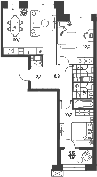 Планировка: Евротрёшка 57,9 м² в ЖК «Новый Питер»