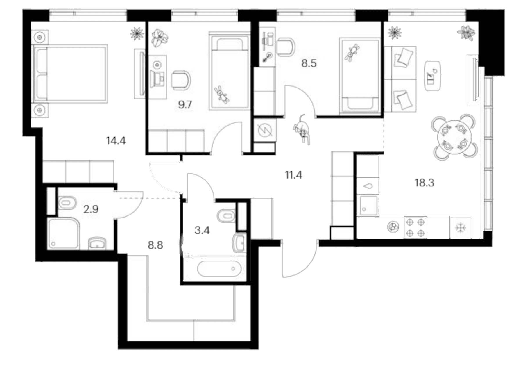 Планировка: 3-комнатная квартира 77,4 м² в ЖК «Бунинская набережная»