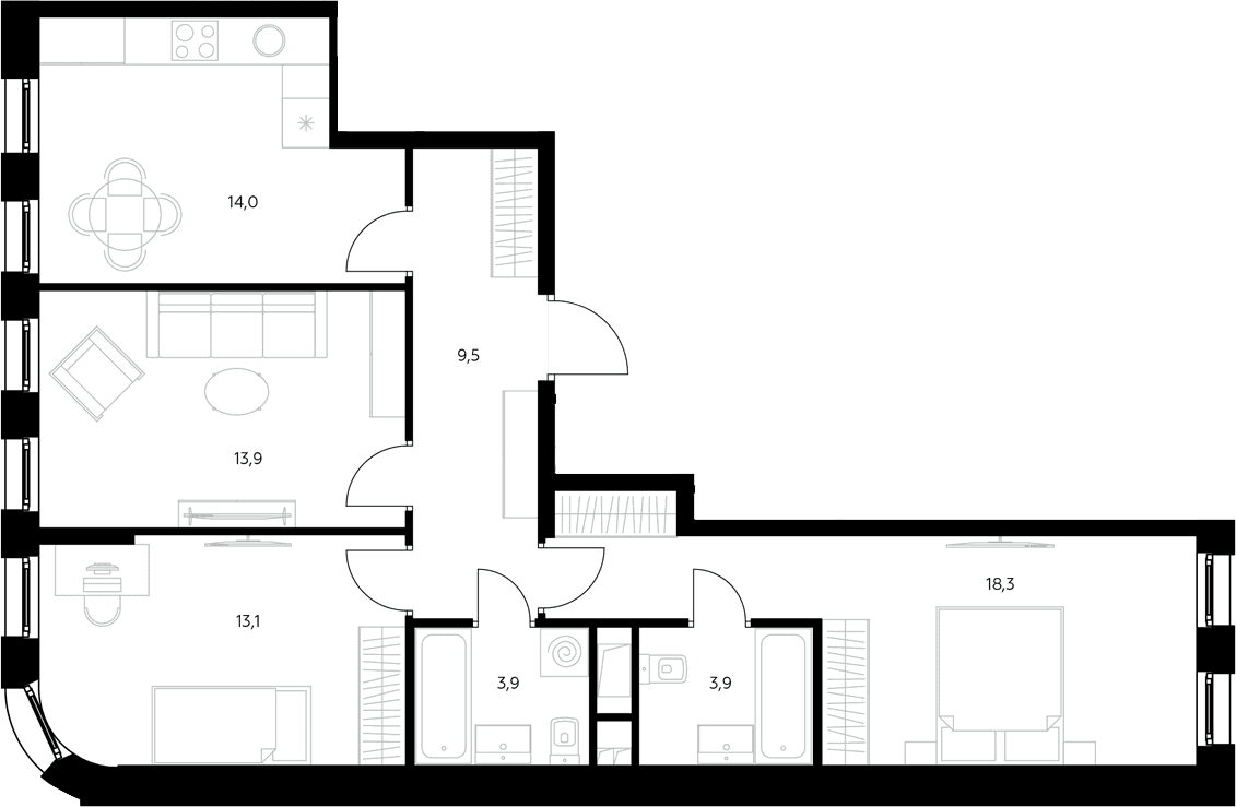 Планировка: 3-комнатная квартира 76,6 м² в ЖК «Адмирал»