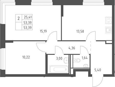 Планировка: 2-комнатная квартира 53,4 м² в ЖК «Горки Парк»