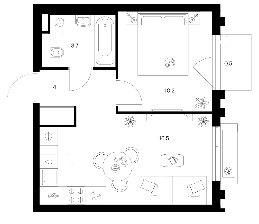 Планировка: 1-комнатная квартира 34,4 м² в ЖК «Белая Дача парк»