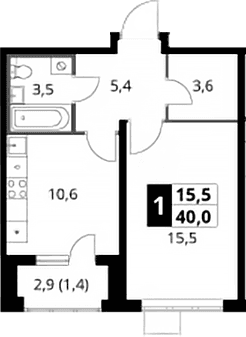 Планировка: 1-комнатная квартира 38,6 м² в ЖК «1-й Донской»