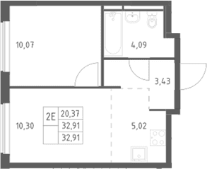 Планировка: Евродвушка 32,9 м² в ЖК «Мытищи Парк»