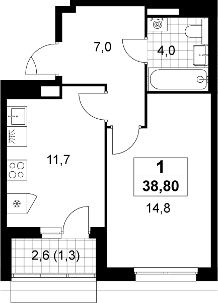 Планировка: 1-комнатная квартира 37,5 м² в ЖК «Деснаречье»