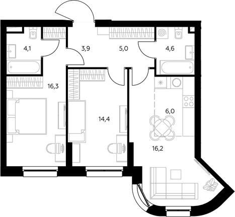 Планировка: Евротрёшка 70,8 м² в ЖК «Адмирал»
