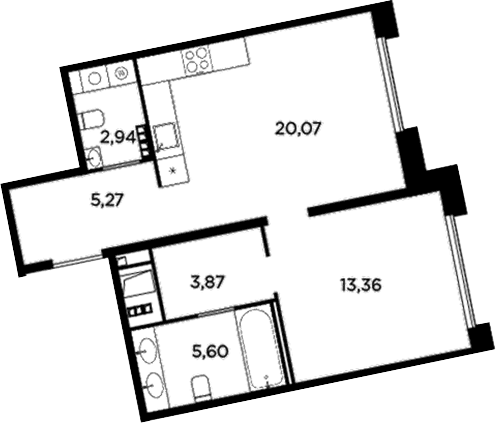 Планировка: Евродвушка 51,1 м² в ЖК «Акватория»