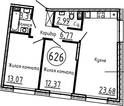 Планировка: Евротрёшка 62,2 м² в ЖК «Остров Первых»