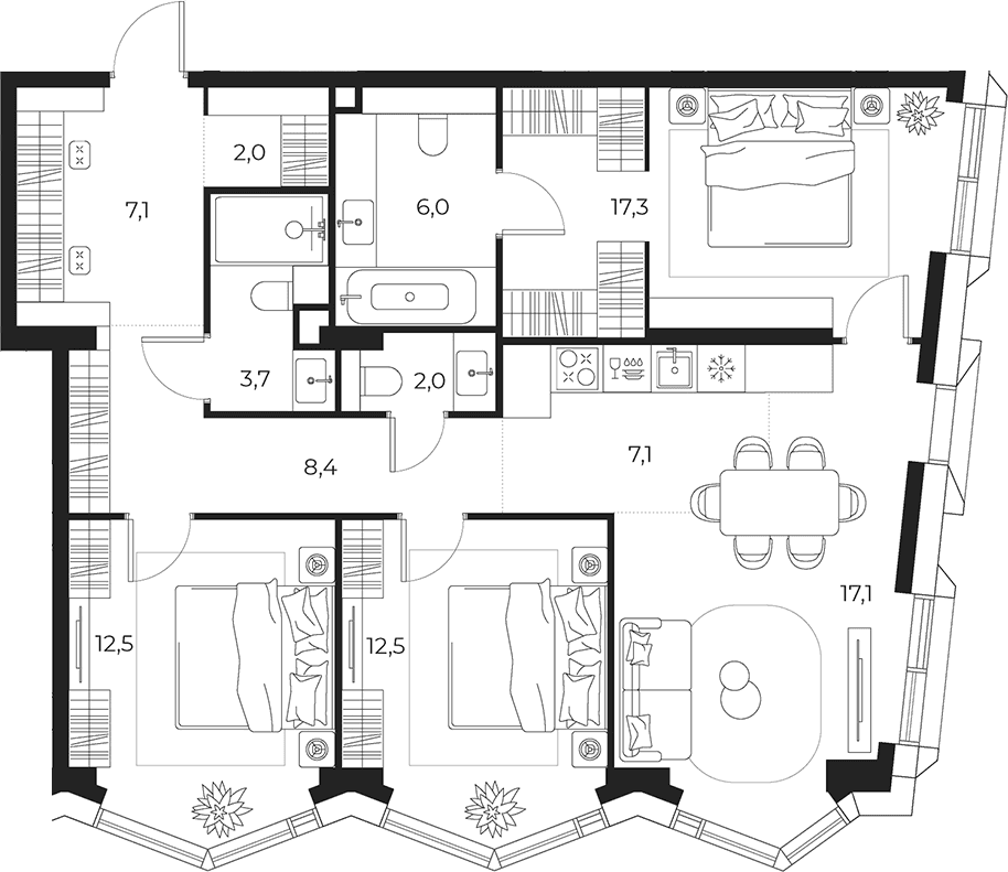 Планировка: Квартира евро-4 95,7 м² в ЖК «МАСТЕРС»