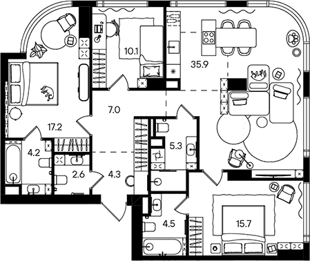 Планировка: Квартира евро-4 106,8 м² в ЖК «СТОУН Блик»