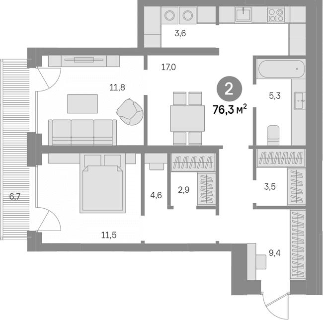 Планировка: 2-комнатная квартира 69,6 м² в ЖК «Квартал Издание»