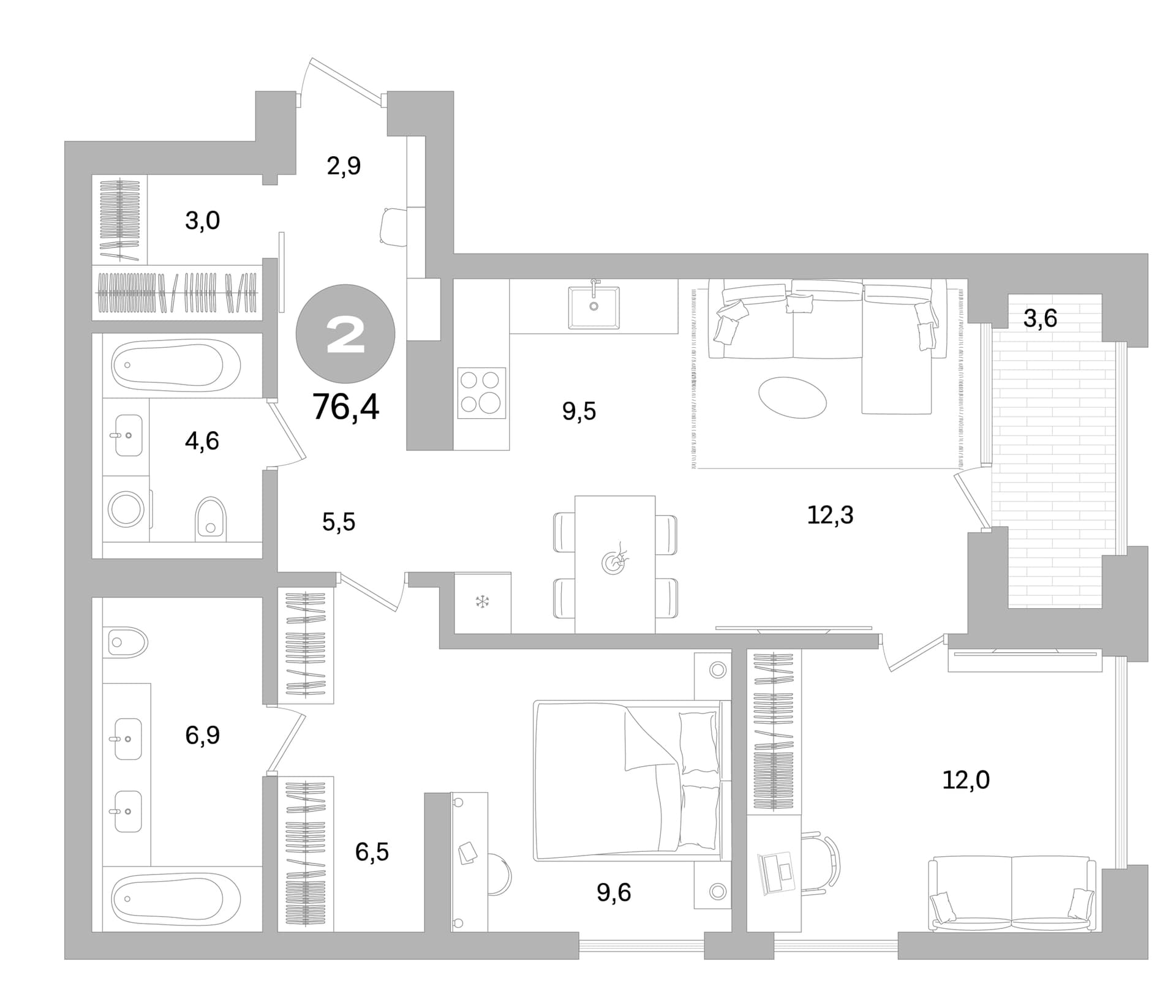 Планировка: Евротрёшка 72,8 м² в ЖК «Северный ветер»