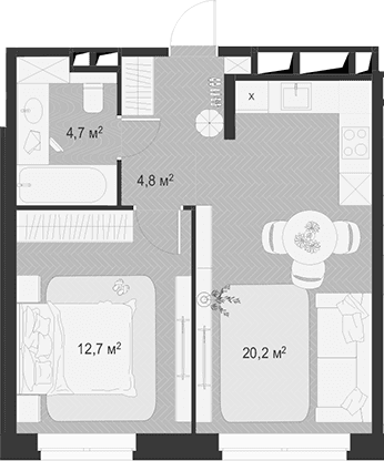 Планировка: Евродвушка 42,4 м² в ЖК «Гранд Комфорт 3»