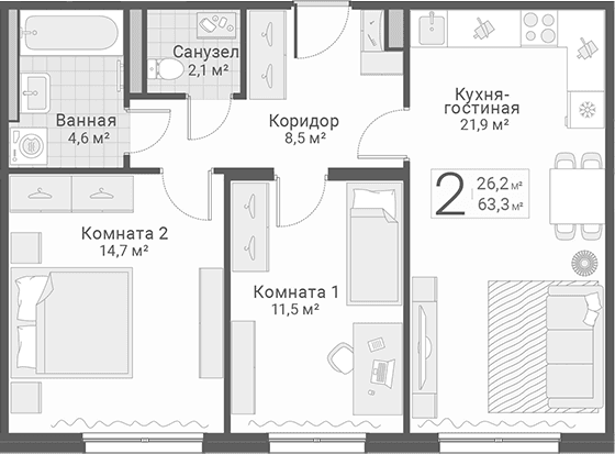 Планировка: 2-комнатная квартира 63,3 м² в ЖК «Руднева, 15»
