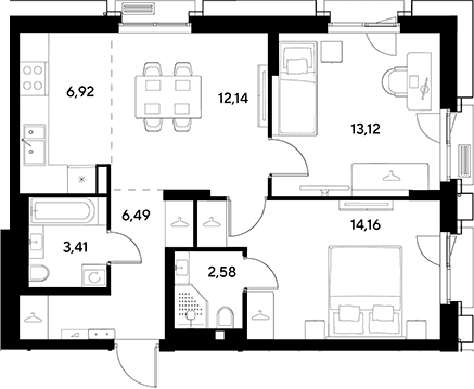 Планировка: Евротрёшка 58,8 м² в ЖК «ЭВО»