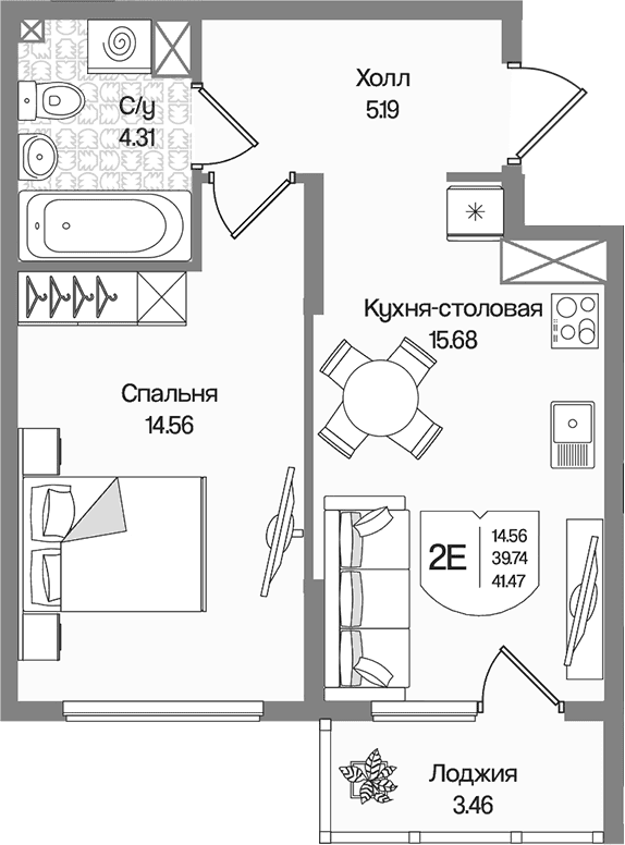 Планировка: Евродвушка 39,7 м² в ЖК «Охтинские высоты»