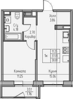 Планировка: Евродвушка 37,1 м² в ЖК «Юнтолово»