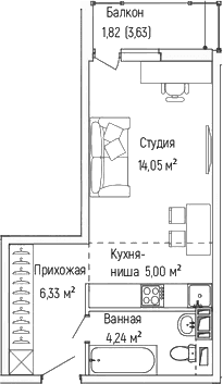 Планировка: Студия 29,6 м² в ЖК «Рига Хиллс»