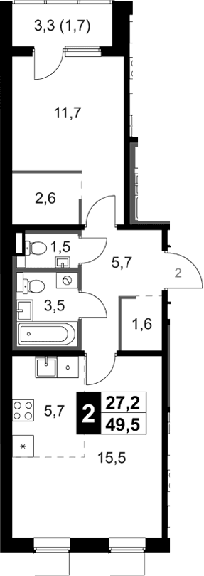 Планировка: Евродвушка 48,6 м² в ЖК «1-й Ясеневский»