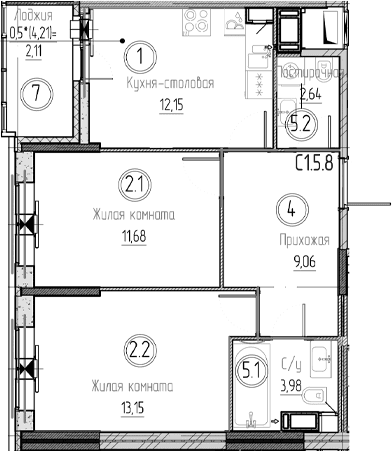 Планировка: 2-комнатная квартира 52,7 м² в ЖК «Аквилон Верба»