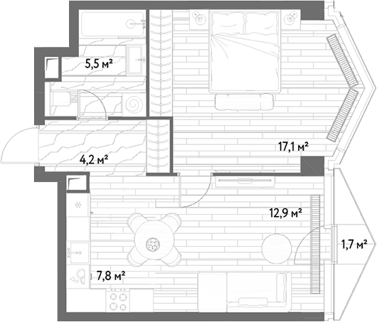 Планировка: Евродвушка 47,5 м² в ЖК «С5»