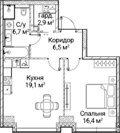 Планировка: 1-комнатная квартира 51,8 м² в ЖК «СЕЗАР БУДУЩЕЕ»