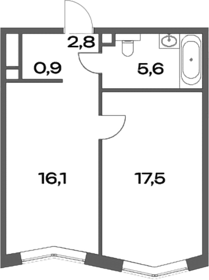 Планировка: Евродвушка 42,9 м² в ЖК «Акценты»