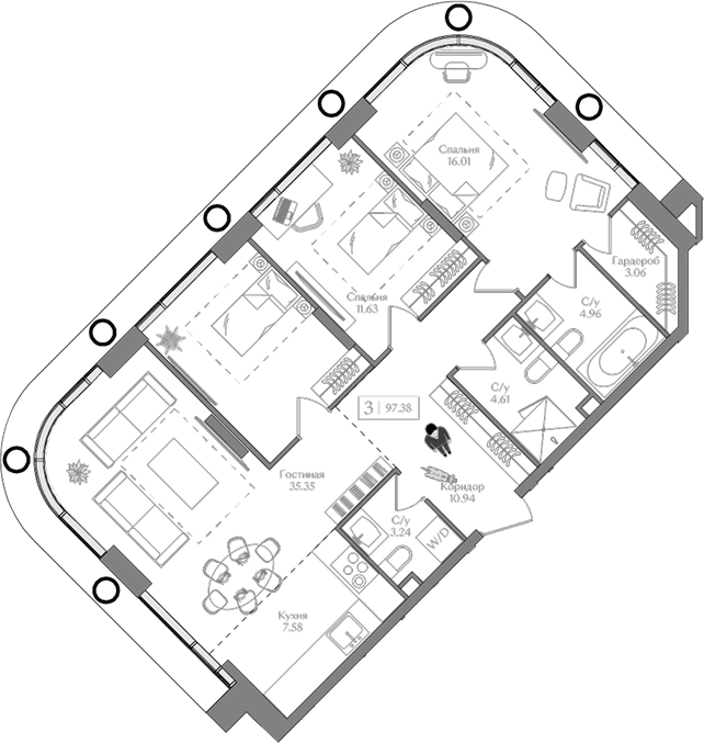 Планировка: Квартира евро-4 97,4 м² в ЖК «Преображенская площадь»