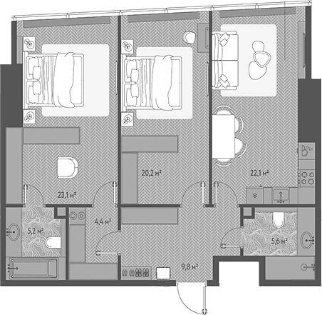 Планировка: Евротрёшка 90,4 м² в ЖК «ОНЕ»
