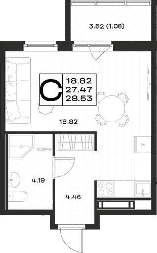 Планировка: Студия 27,5 м² в ЖК «Имена»