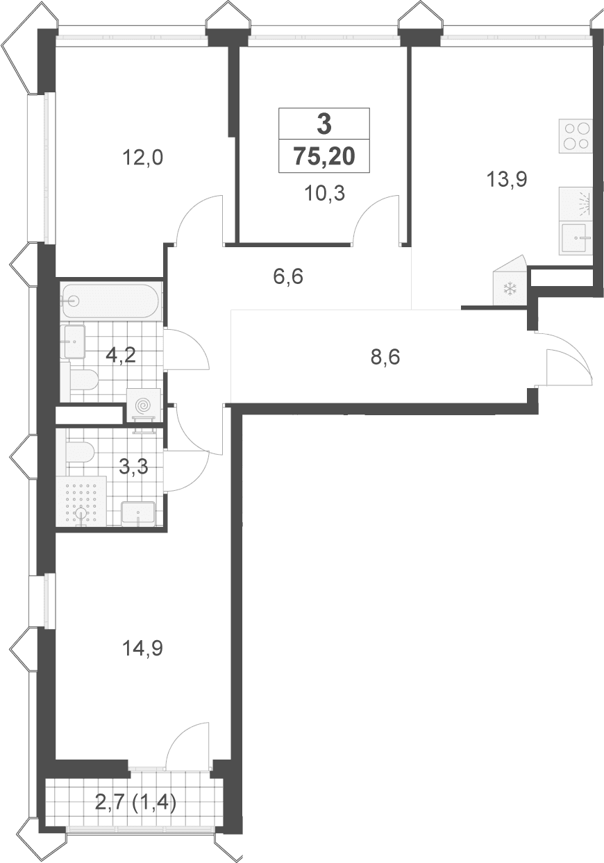Планировка: 3-комнатная квартира 73,8 м² в ЖК «Деснаречье»