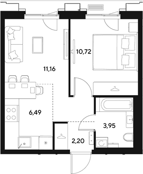 Планировка: Евродвушка 34,5 м² в ЖК «ЭВО»