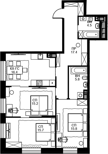 Планировка: 3-комнатная квартира 90,8 м² в ЖК «Театральный квартал»