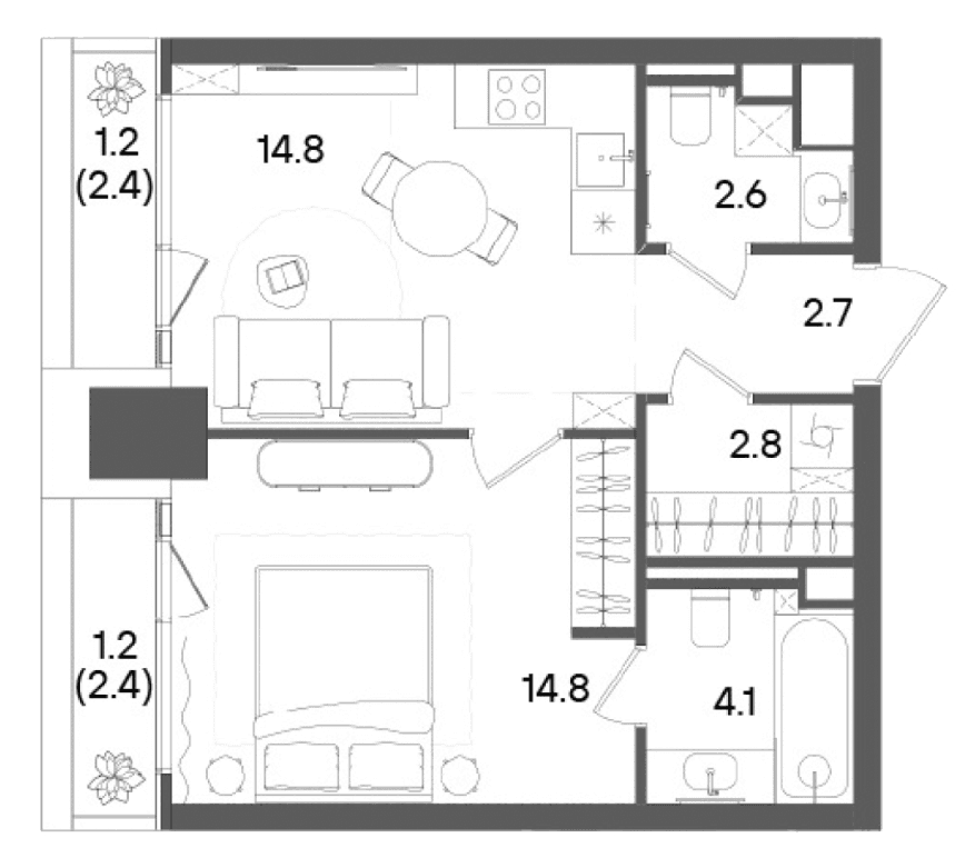 Планировка: 1-комнатная квартира 40,7 м² в ЖК «СТОУН Грэйн»